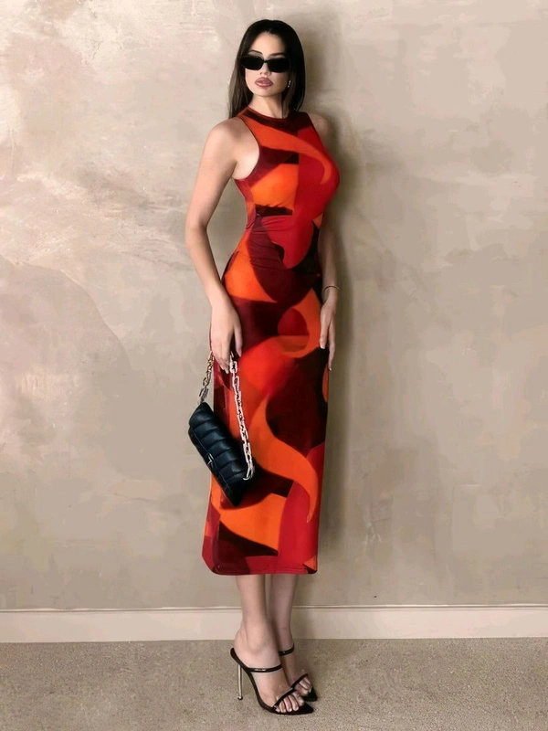 Geometric Print Red One Piece - Orange, XL