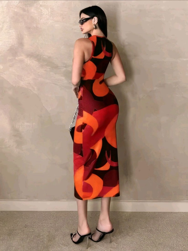 Geometric Print Red One Piece - Orange, XL