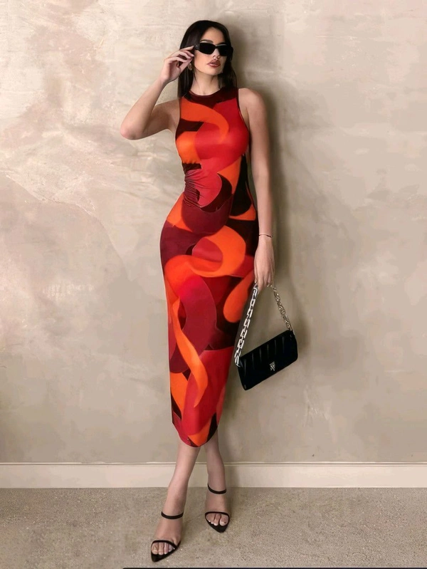 Geometric Print Red One Piece - Orange, XL