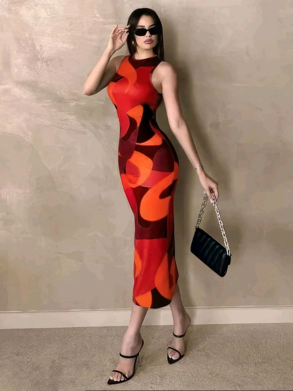 Geometric Print Red One Piece - Orange, XL