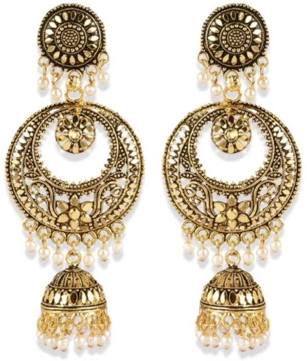 Classic Designed Gold Plated Enamelled Jhumka Earrings For Women And Girls Pearl Alloy Jhumki Earring - Putty