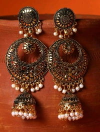 Classic Designed Gold Plated Enamelled Jhumka Earrings For Women And Girls Pearl Alloy Jhumki Earring - Putty