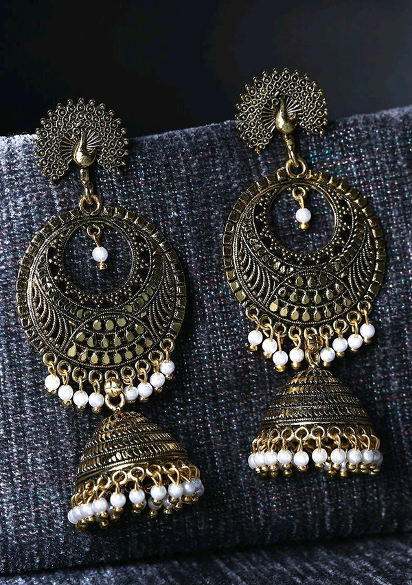 Classic Designed Gold Plated Enamelled Jhumka Earrings For Women And Girls Pearl Alloy Jhumki Earring - Tan