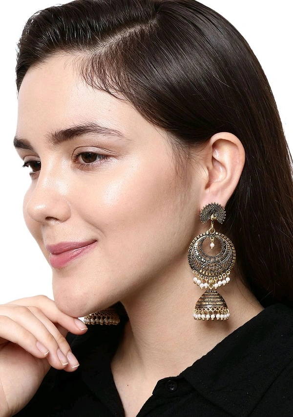 Classic Designed Gold Plated Enamelled Jhumka Earrings For Women And Girls Pearl Alloy Jhumki Earring - Tan