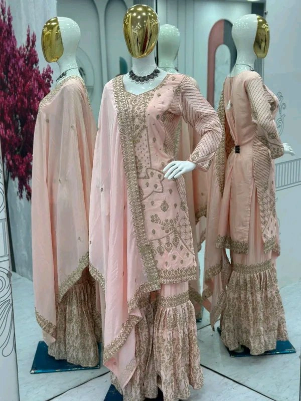 Baby pink Embroidered Suit & Sharara.set for women - Dusty Gray, M