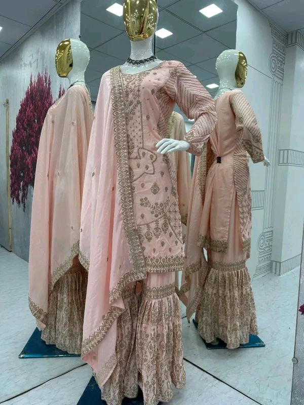 Baby pink Embroidered Suit & Sharara.set for women - Dusty Gray, M