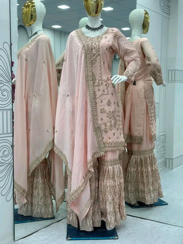Baby pink Embroidered Suit & Sharara.set for women - Dusty Gray, M