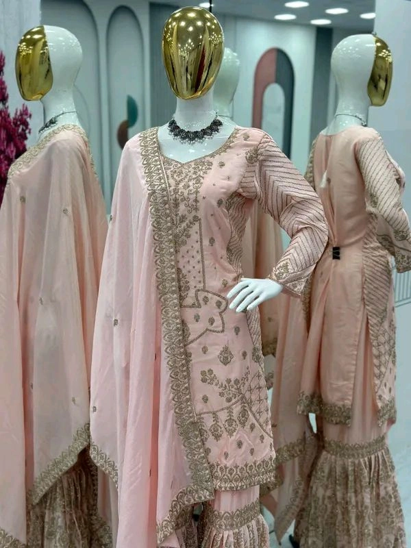 Baby pink Embroidered Suit & Sharara.set for women - Dusty Gray, XL