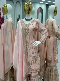Baby pink Embroidered Suit & Sharara.set for women - Dusty Gray, Free Size