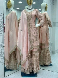 Baby pink Embroidered Suit & Sharara.set for women - Dusty Gray, Free Size