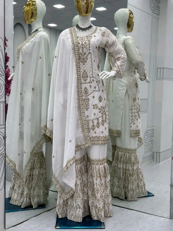 Baby pink Embroidered Suit & Sharara.set for women - White, XL