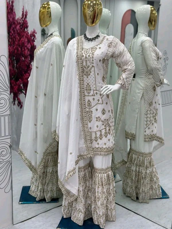 Baby pink Embroidered Suit & Sharara.set for women - White, XL