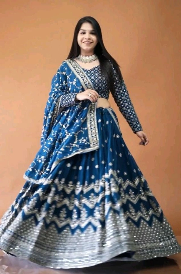 Rama Colour Heavy Gergette With Embroidery Work Lehenga Choli - Regal Blue, Free Size