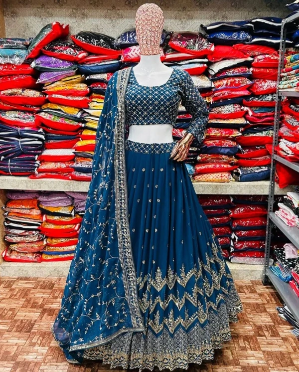 Rama Colour Heavy Gergette With Embroidery Work Lehenga Choli - Regal Blue, Free Size