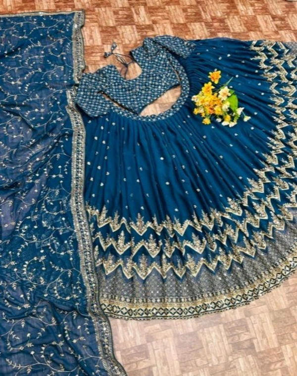 Rama Colour Heavy Gergette With Embroidery Work Lehenga Choli - Regal Blue, Free Size