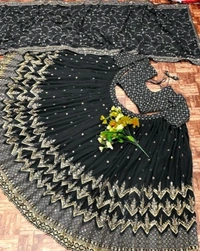 Rama Colour Heavy Gergette With Embroidery Work Lehenga Choli - Black, Free Size