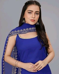 Women's Georgette Sleeveless Kurti Set With Embroidered Lace  - Blue, L