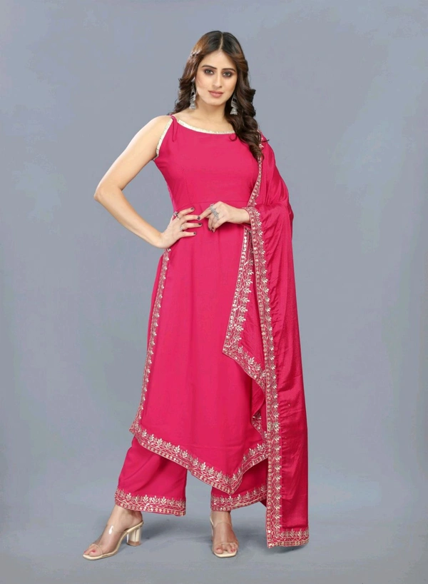 Women's Georgette Sleeveless Kurti Set With Embroidered Lace  - Radical Red, L