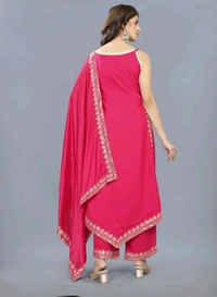 Women's Georgette Sleeveless Kurti Set With Embroidered Lace  - Radical Red, L