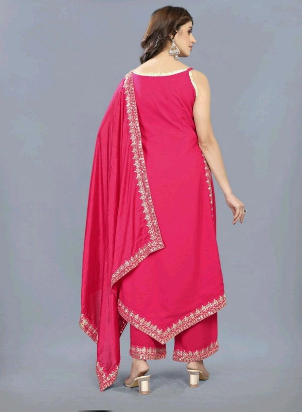 Women's Georgette Sleeveless Kurti Set With Embroidered Lace  - Radical Red, L