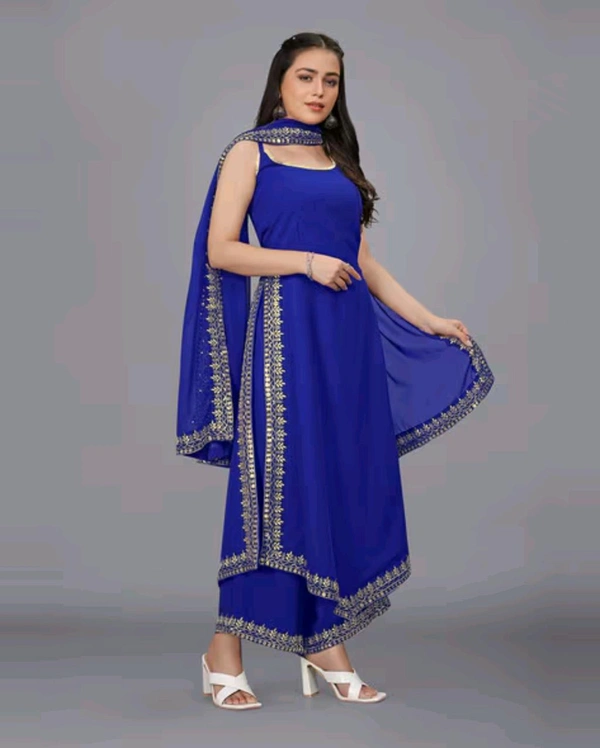 Women's Georgette Sleeveless Kurti Set With Embroidered Lace  - Blue, M