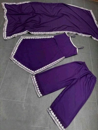 Women's Georgette Sleeveless Kurti Set With Embroidered Lace  - Purple, M