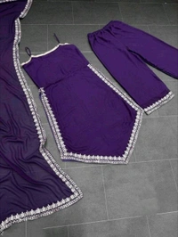 Women's Georgette Sleeveless Kurti Set With Embroidered Lace  - Purple, M