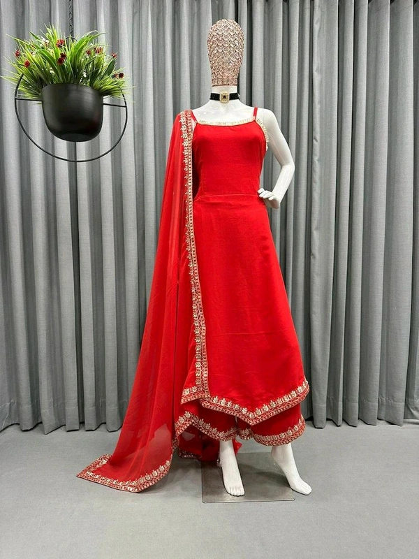 Women's Georgette Sleeveless Kurti Set With Embroidered Lace  - Red, M