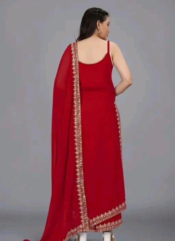 Women's Georgette Sleeveless Kurti Set With Embroidered Lace  - Maroon, M