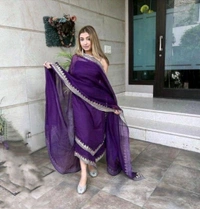 Women's Georgette Sleeveless Kurti Set With Embroidered Lace  - Purple, S
