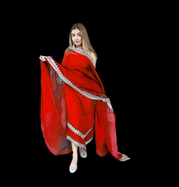 Women's Georgette Sleeveless Kurti Set With Embroidered Lace  - Red, S