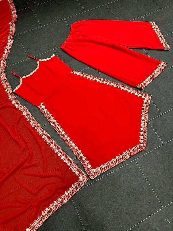 Women's Georgette Sleeveless Kurti Set With Embroidered Lace  - Red, S