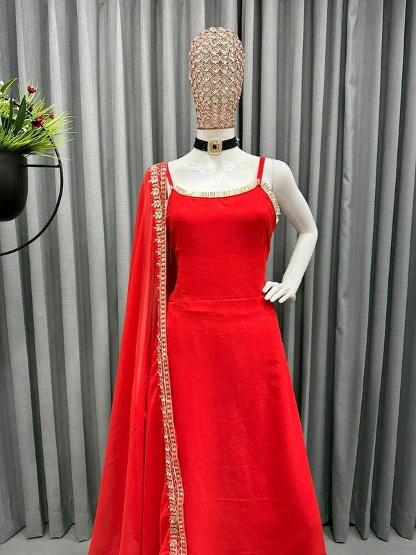 Women's Georgette Sleeveless Kurti Set With Embroidered Lace  - Red, S