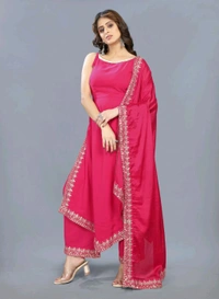 Women's Georgette Sleeveless Kurti Set With Embroidered Lace  - Radical Red, S