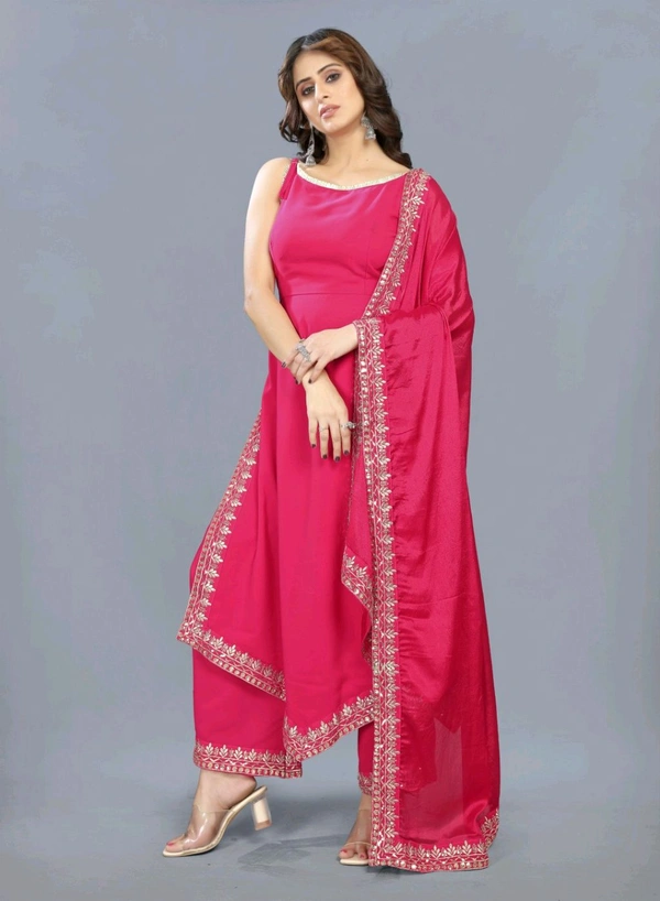 Women's Georgette Sleeveless Kurti Set With Embroidered Lace  - Radical Red, S