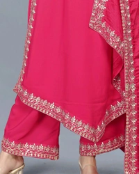 Women's Georgette Sleeveless Kurti Set With Embroidered Lace  - Radical Red, S