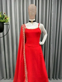 Women's Georgette Sleeveless Kurti Set With Embroidered Lace  - Red, XL