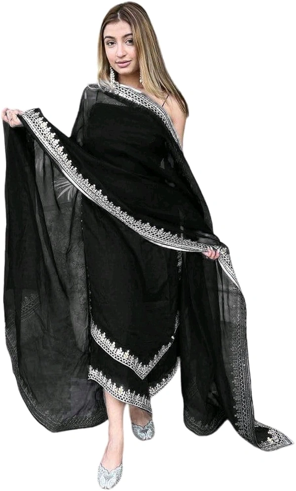 Women's Georgette Sleeveless Kurti Set With Embroidered Lace  - Black, XL