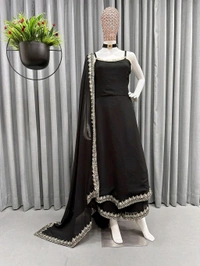 Women's Georgette Sleeveless Kurti Set With Embroidered Lace  - Black, XL