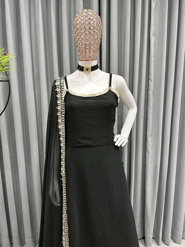 Women's Georgette Sleeveless Kurti Set With Embroidered Lace  - Black, XL