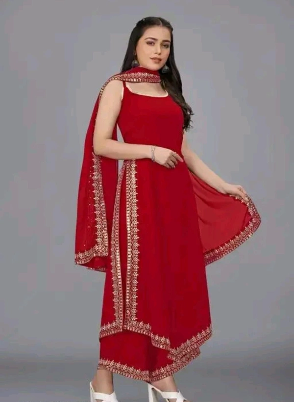 Women's Georgette Sleeveless Kurti Set With Embroidered Lace  - Maroon, XL
