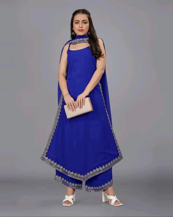 Women's Georgette Sleeveless Kurti Set With Embroidered Lace  - Blue, XXL