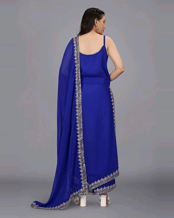 Women's Georgette Sleeveless Kurti Set With Embroidered Lace  - Blue, XXL