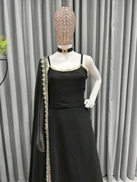 Women's Georgette Sleeveless Kurti Set With Embroidered Lace  - Black, XXL