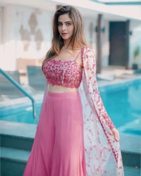 Heavy Faux Georgette 3PC Long Koti Choli with Plazo in Soft Pink Color - Pink Lace, XL
