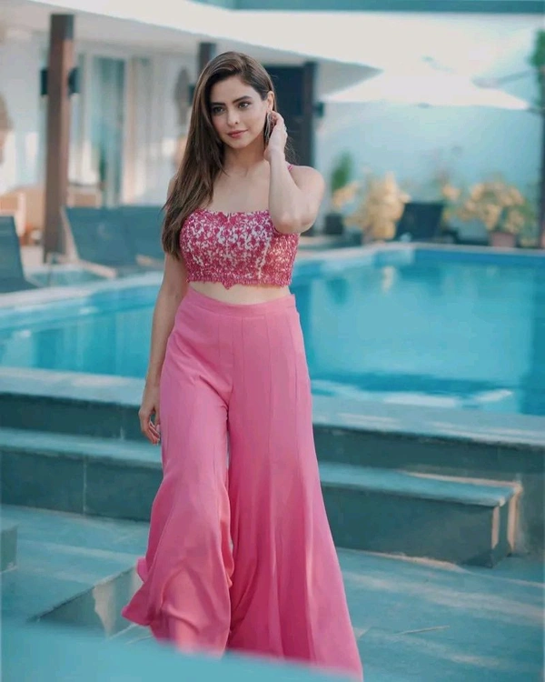 Heavy Faux Georgette 3PC Long Koti Choli with Plazo in Soft Pink Color - Pink Lace, XL