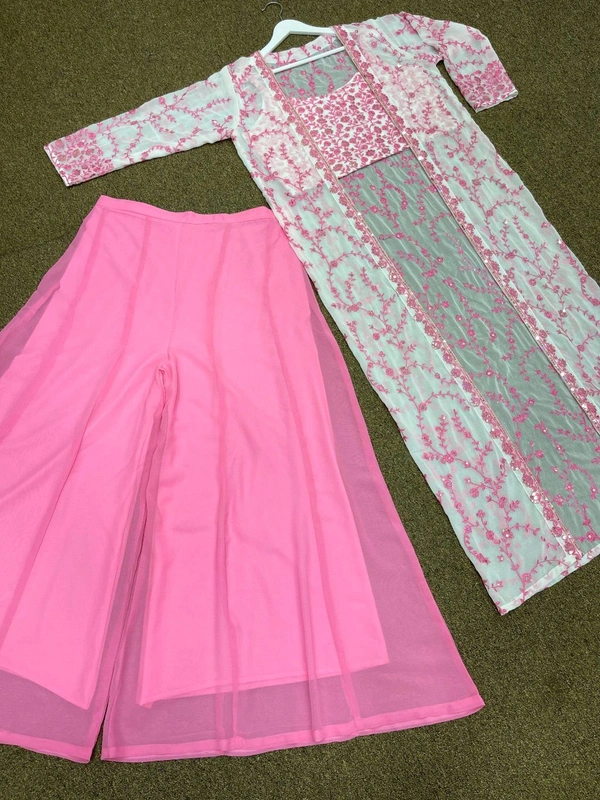 Heavy Faux Georgette 3PC Long Koti Choli with Plazo in Soft Pink Color - Pink Lace, XL