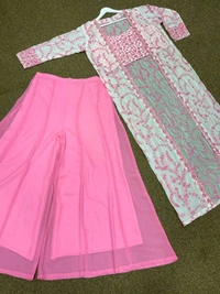 Heavy Faux Georgette 3PC Long Koti Choli with Plazo in Soft Pink Color - Pink Lace, XL