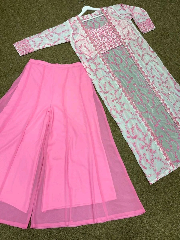 Heavy Faux Georgette 3PC Long Koti Choli with Plazo in Soft Pink Color - Pink Lace, XL