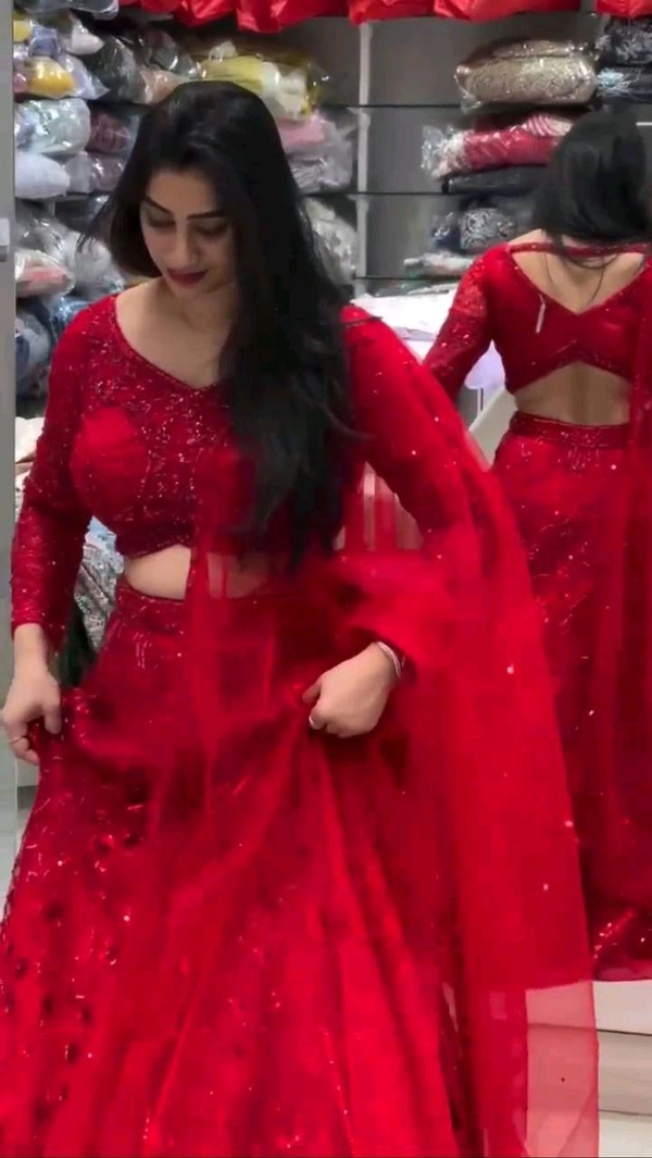 Launching Coding Sequins Work 4 meter flared Butterfly Net Lehenga - Red, Free Size